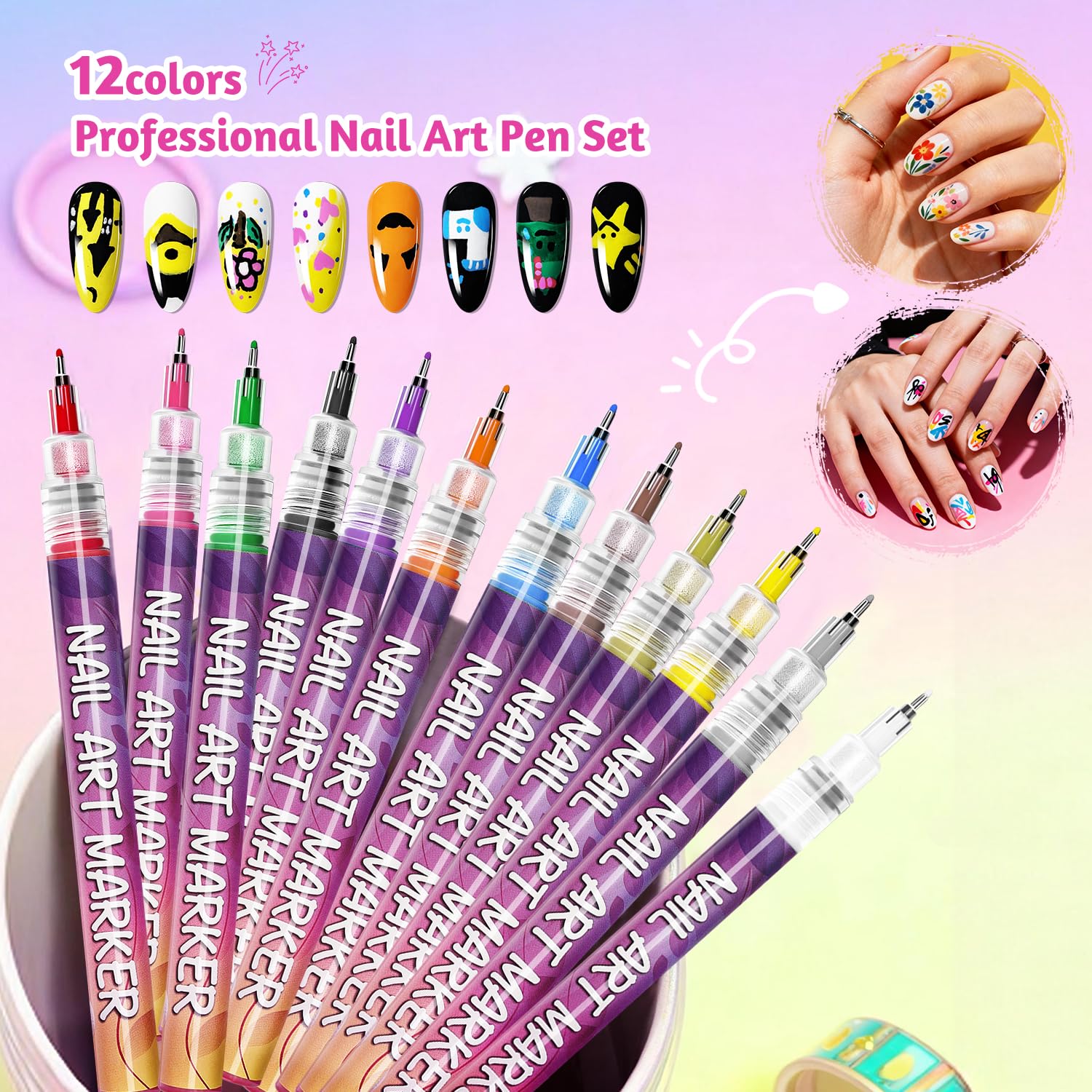 JEWHITENY 12 colors 0.5mm Nail Art Pen Kit: Quick drying Nail Polish Pens, Drawing Painting Point Liner Acrylic Painted Pen Kit for DIY Nail Design, Home & Salon Manicure Tools