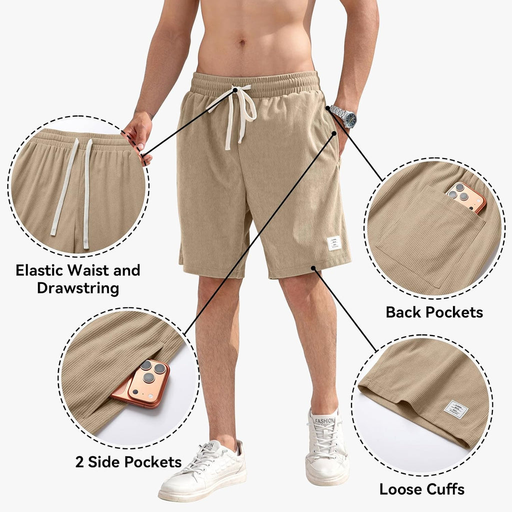 Mens Corduroy Shorts With Pockets,7 Inch Casual Elastic Waist Summer Beach Shorts With Drawstring