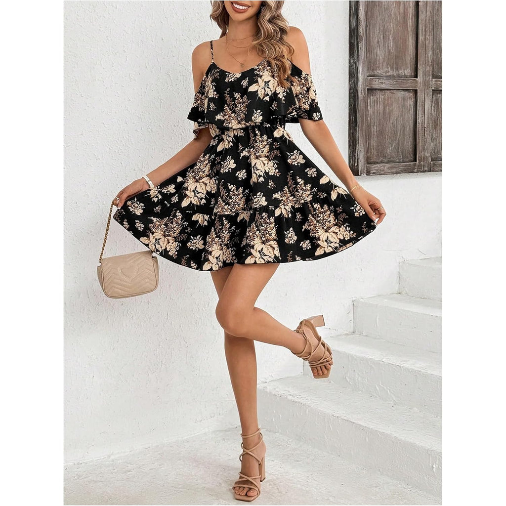 Soly Hux Women'S Boho Floral Print Cold Shoulder Dress Short Sleeve Ruffle A Line Vacation Elegant Mini Dresses