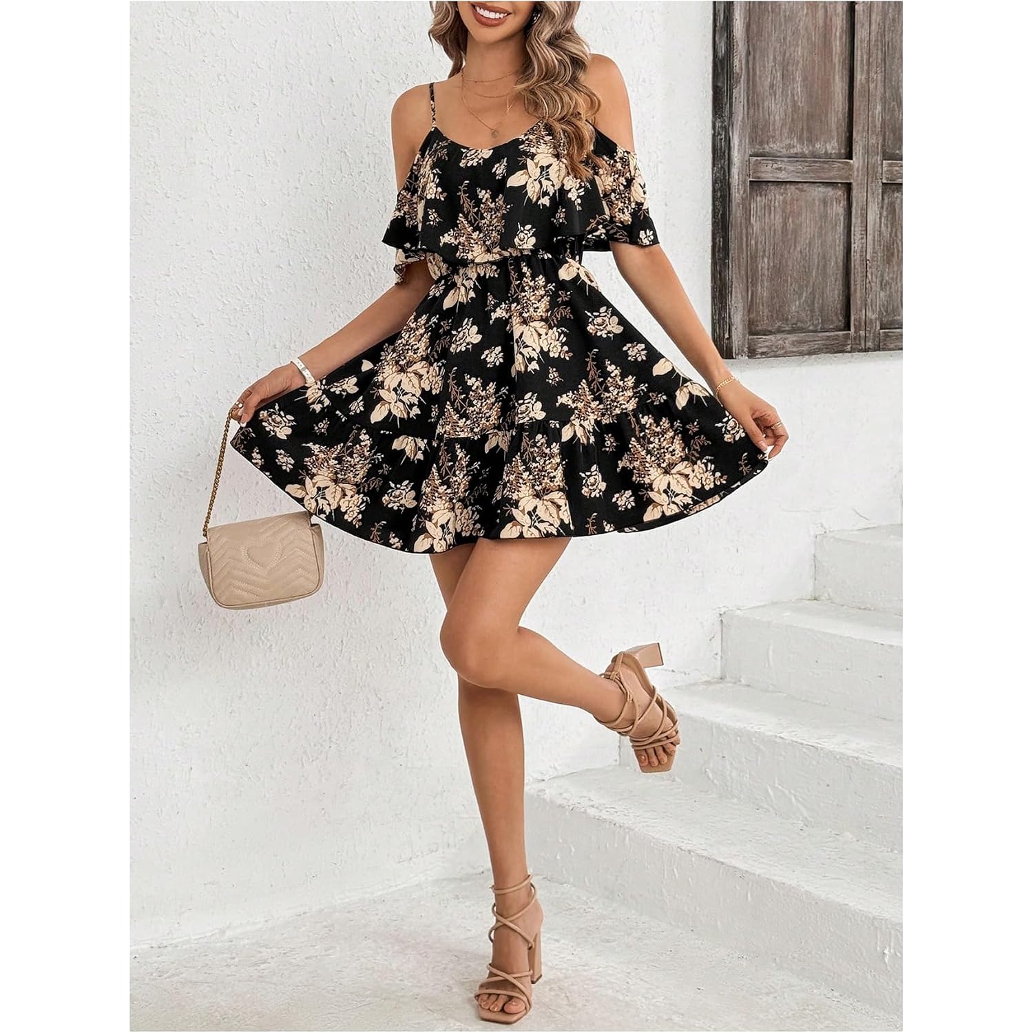 Soly Hux Women'S Boho Floral Print Cold Shoulder Dress Short Sleeve Ruffle A Line Vacation Elegant Mini Dresses