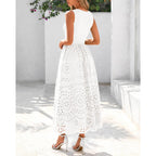 Dowerme Women Summer Dresses 2026 Casual Sleeveless Crewneck A-Line Boho Lace Eyelet Cotton Tank Maxi Dress With Pockets