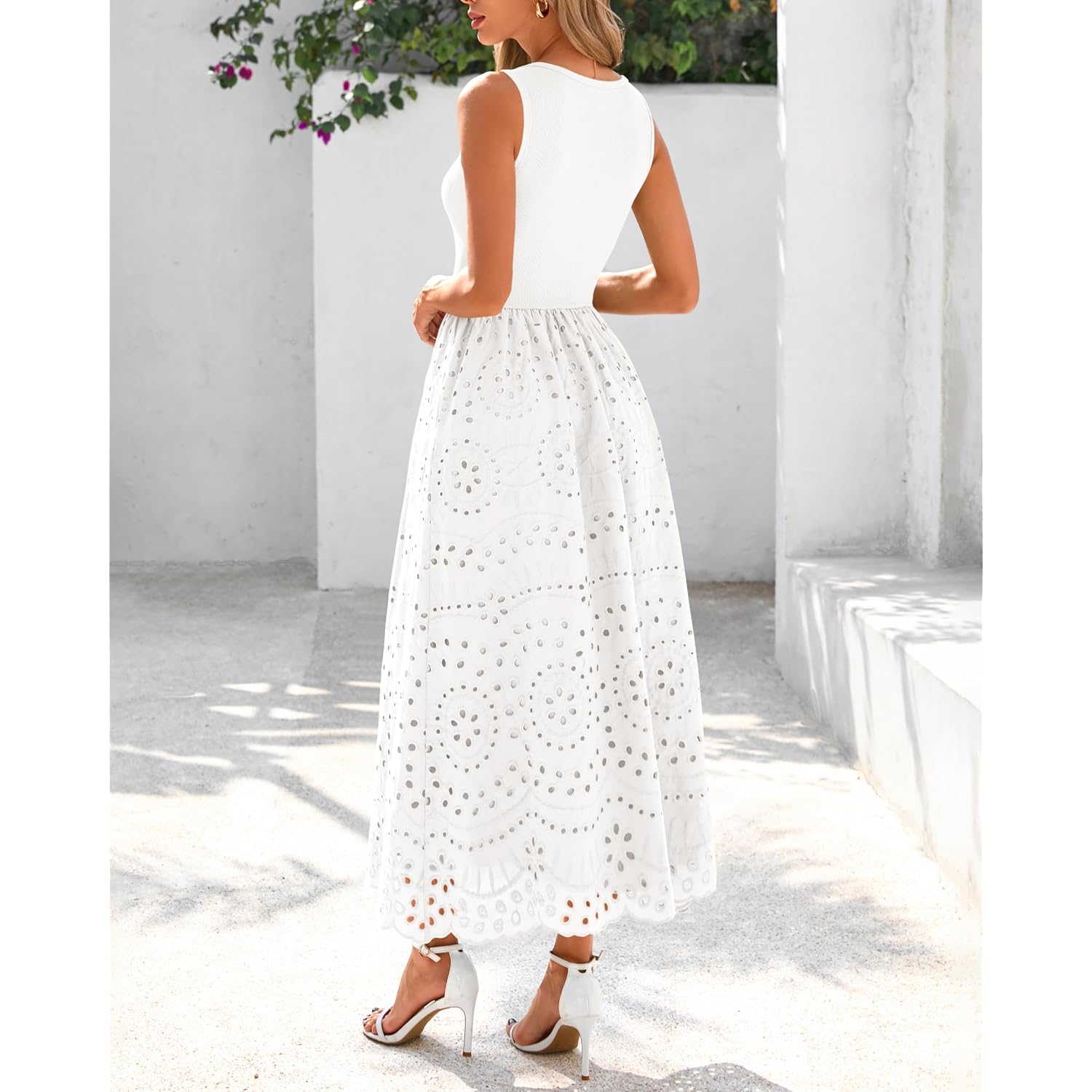 Dowerme Women Summer Dresses 2026 Casual Sleeveless Crewneck A-Line Boho Lace Eyelet Cotton Tank Maxi Dress With Pockets