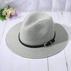Straw Sun Hats for Women Men Panama Fedora Summer Hat with Leather Belt Wide Brim Beach Sun Jazz Cap 1#gray