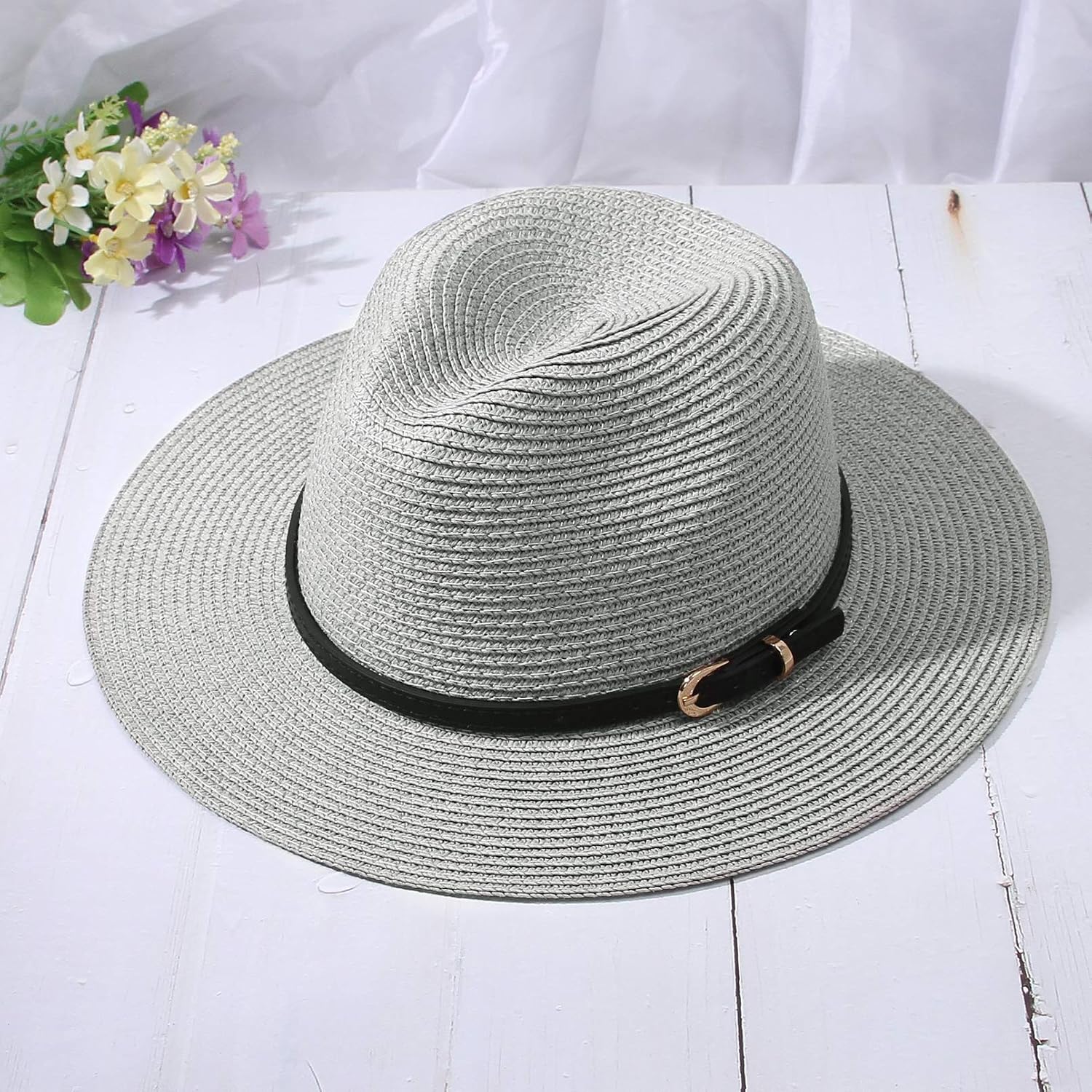 Straw Sun Hats for Women Men Panama Fedora Summer Hat with Leather Belt Wide Brim Beach Sun Jazz Cap 1#gray