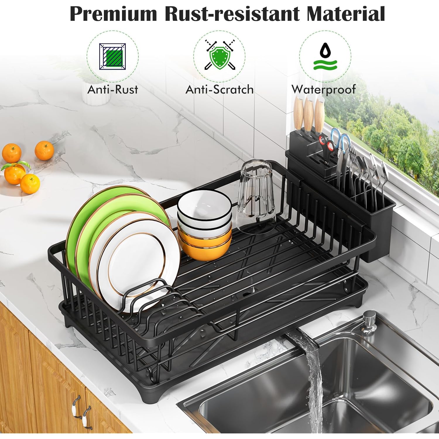 Kmiectse Dish Drying Rack - Space-Saving Small Dish Rack for Kitchen Counter, Rust-Resistant Kitchen Drying Rack, Compact Dish Drainer Organizer with Utensil Holder for Home Kitchen, Black