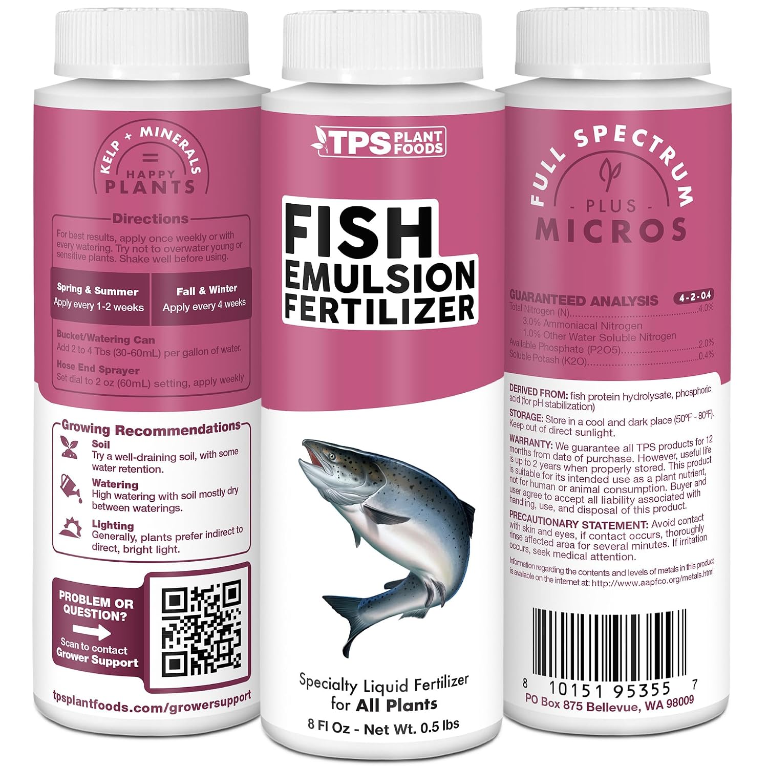 Fish Emulsion Fertilizer – Liquid Salmon Supplement For Fast Nutrient Uptake, Lush Green Growth & Stronger Roots, 8 Oz