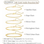 Plus Size Gold Ankle Bracelets for Women Big Ankles, Adjustable Ankle 14K Real Gold Plated Cuban Link Chain Figaro Snake Herringbone Extra Large Anklet Bracelets,Summer Beach Foot Jewelry 10-12inch