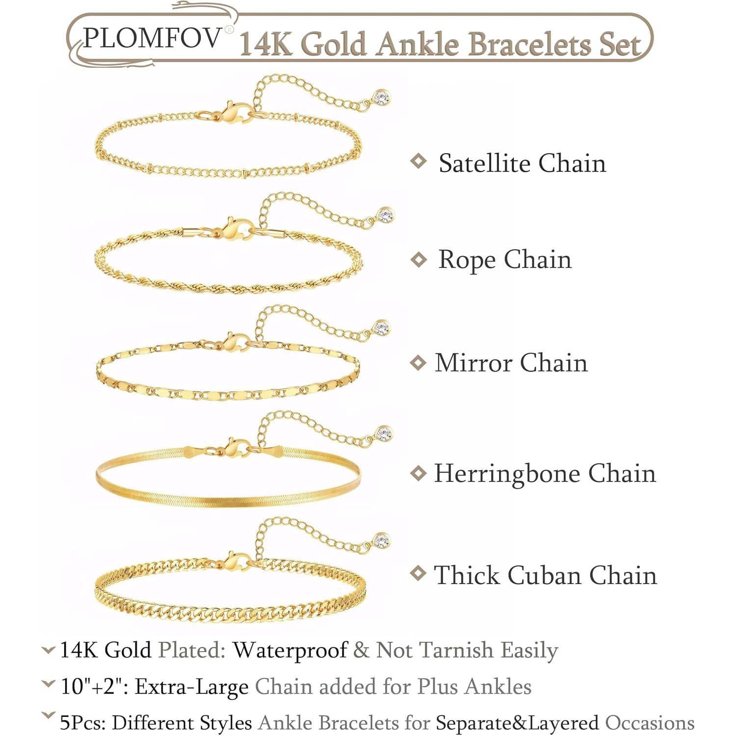 Plus Size Gold Ankle Bracelets for Women Big Ankles, Adjustable Ankle 14K Real Gold Plated Cuban Link Chain Figaro Snake Herringbone Extra Large Anklet Bracelets,Summer Beach Foot Jewelry 10-12inch