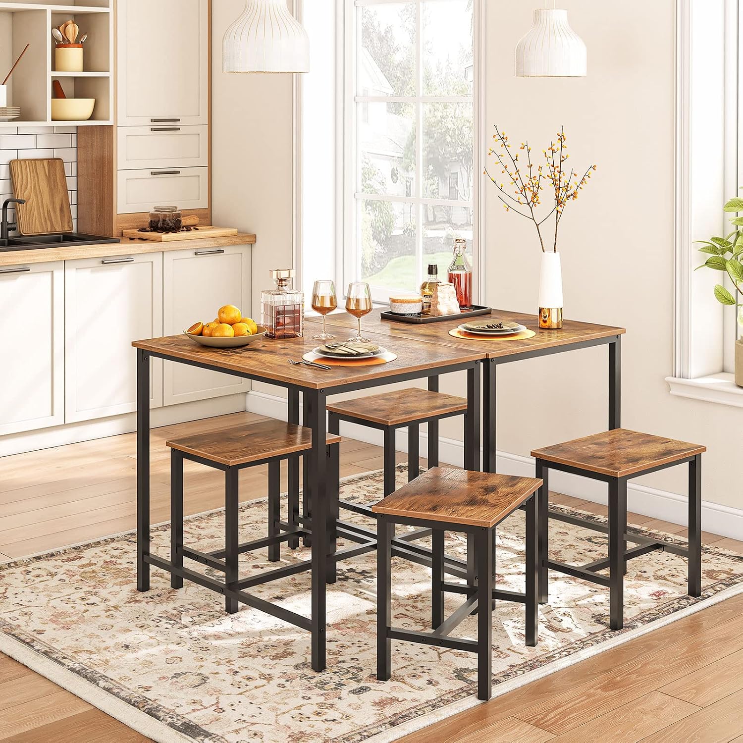 Hoobro 3-Piece Industrial Dining Table Set, Kitchen Table, Space Saving Dinette For Kitchen, Dining Room, Small Space, Breakfast Nook, Living Room, Party, Rustic Brown And Black Bf75Cz01G1