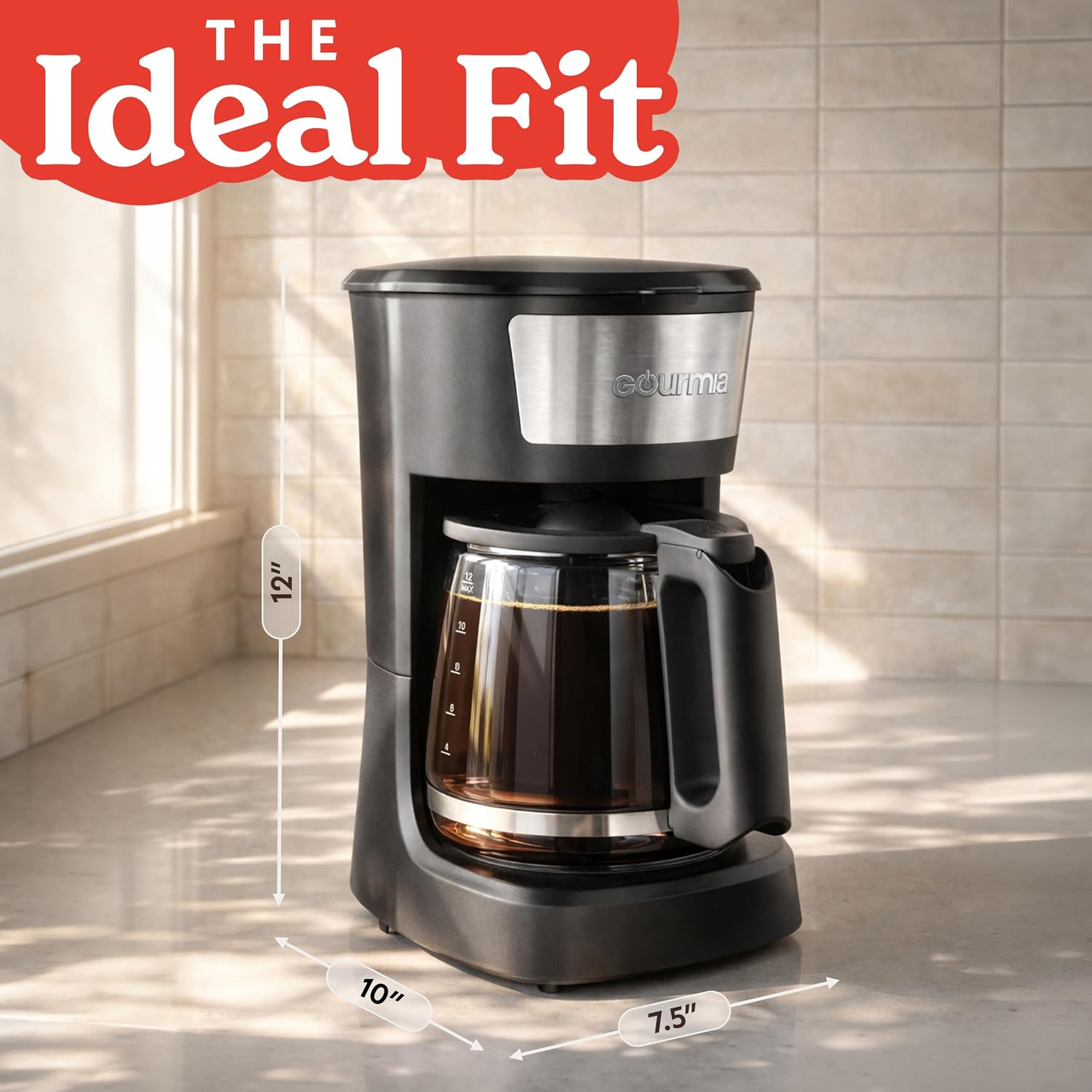 Gourmia 12 Cup One-Touch Coffee Maker – Pause And Serve With Automatic Keep Warm, Easy View Water Window, Compact Design, Stainless Steel Accents, Black