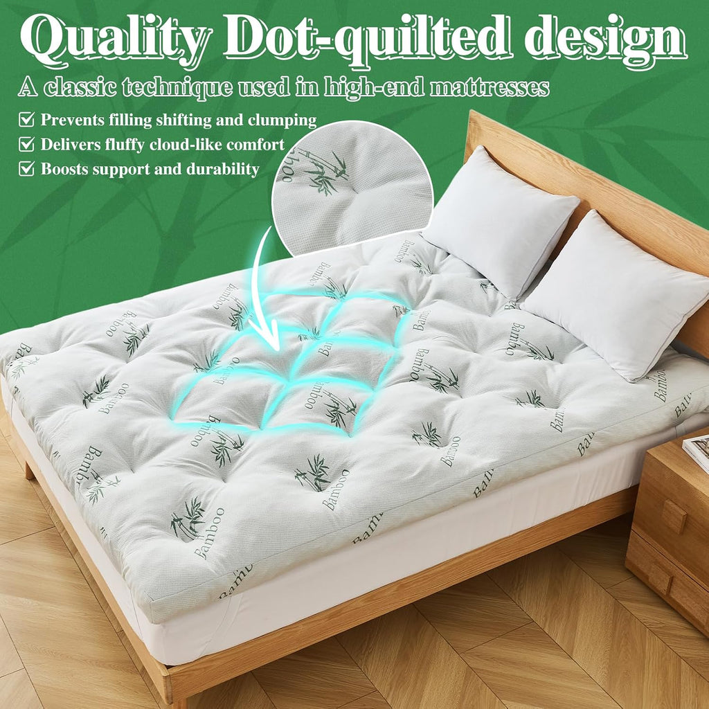 Whatsbedding 4 Inch Memory Foam Mattress Topper Queen For Back Pain Relief, Filled With Breathable Gel Memory Foam, Cooling Bamboo Viscose Air Layer, Supportive Pillow Top Mattress Topper