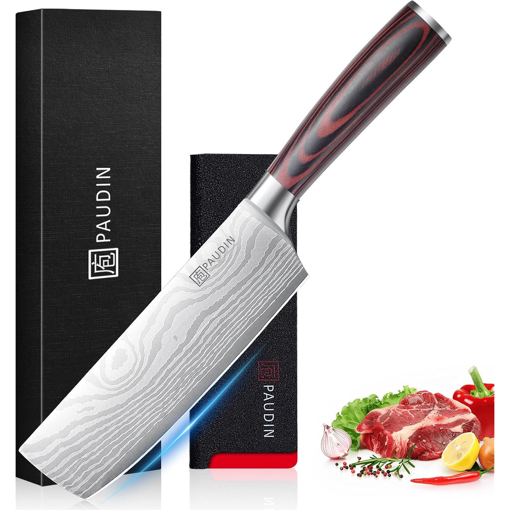 Paudin Nakiri Knife - 7" Razor Sharp Meat Cleaver And Vegetable Kitchen Knife, High Carbon Stainless Steel, Multipurpose Asian Chef Knife For Home And Kitchen With Ergonomic Handle