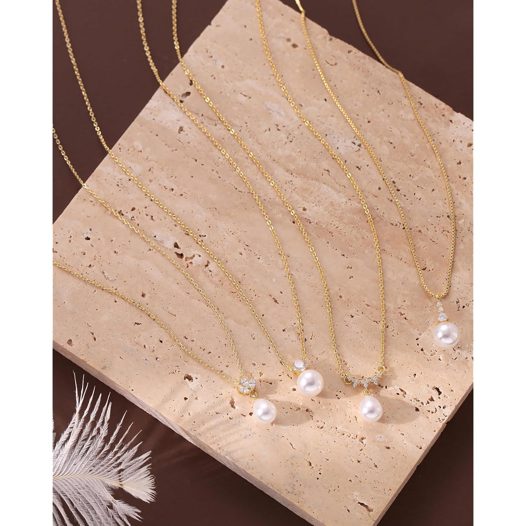 Pearl Necklaces for Women 14k Gold Plated Dainty Pearl Diamond Pendant Necklace Wedding Jewelry Bridal Bridesmaid Gifts for Women