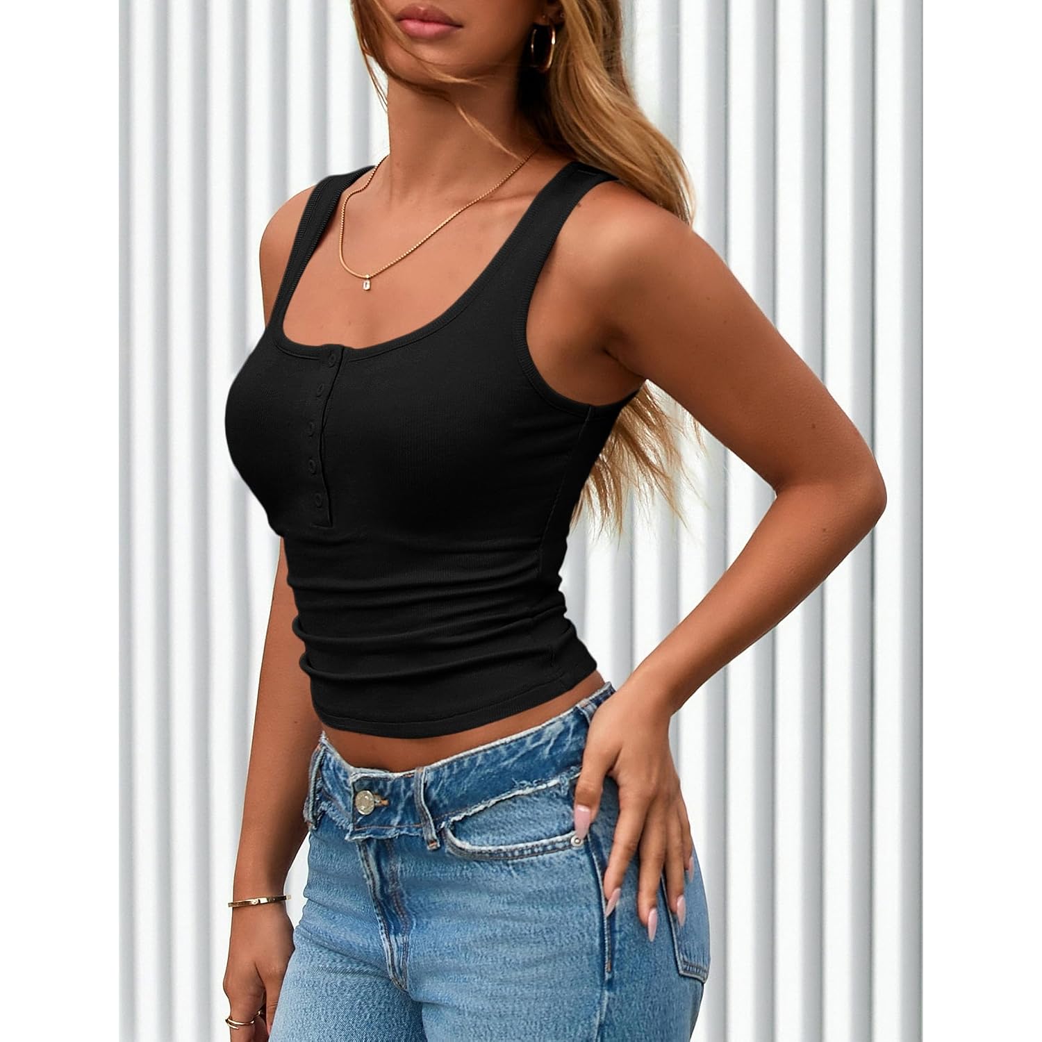 Prettygarden Womens 2026 Summer Tank Tops Ribbed Knit Slim Fit Sleeveless Henley Shirts Casual Basic Button Up Blouse