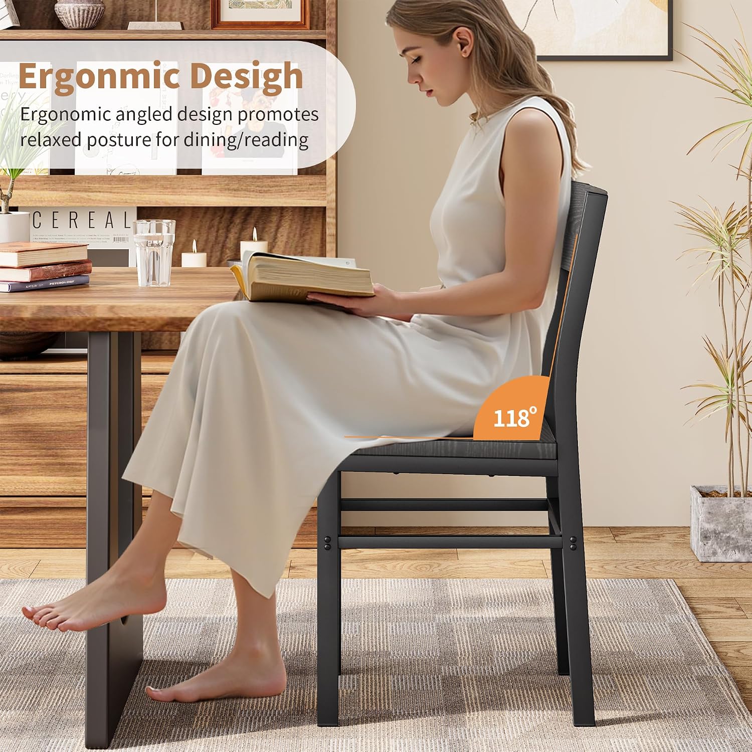 Dining Chairs Set Of 4, Rustic Wood Dining Room Chairs With Thickened And Strengthened Metal Steel Frame & Slat Back, Modern Farmhouse Chair For Kitchen, Dining Room (4, Dark Black)