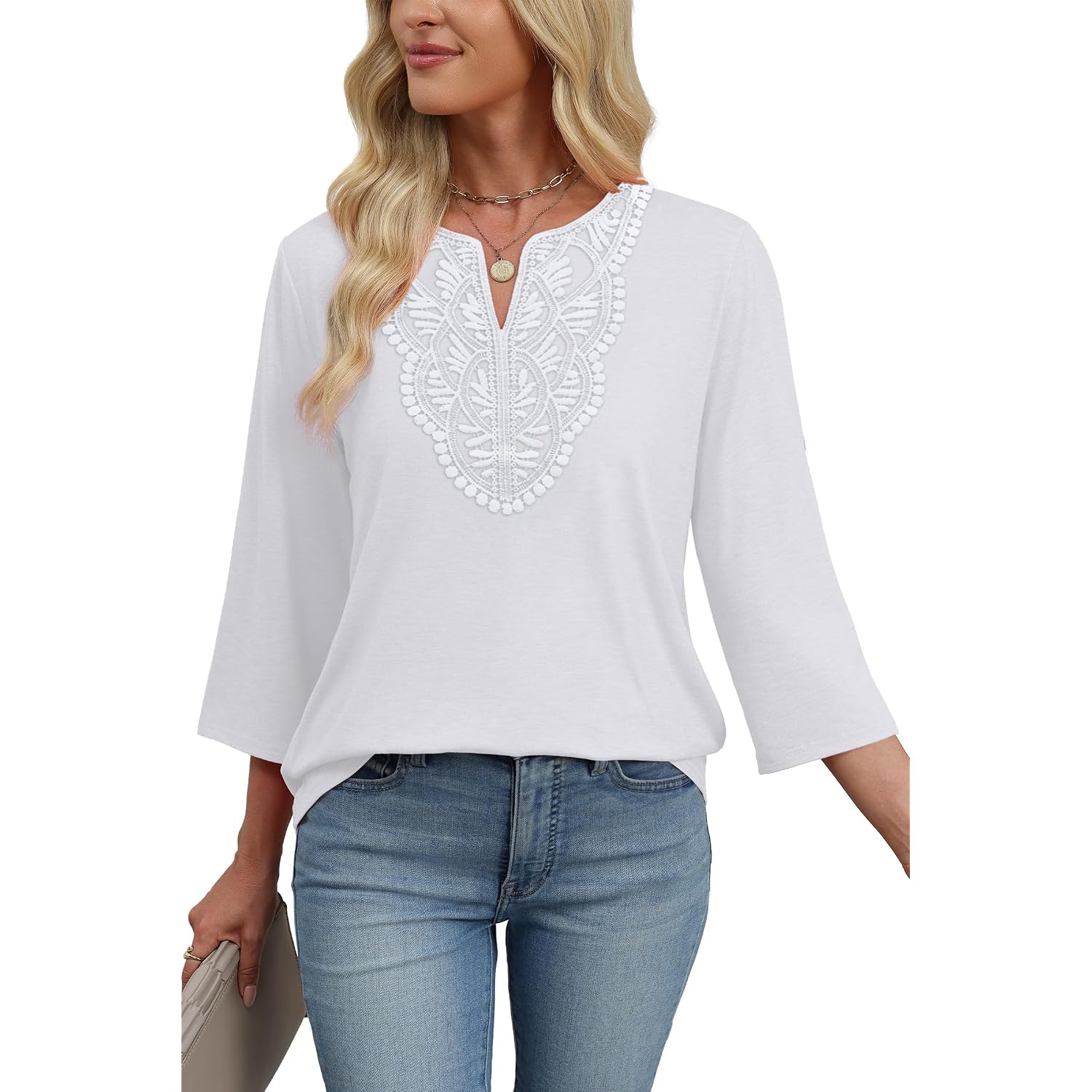 WIHOLL 3/4 Length Sleeve Womens Tops Boho V Neck Lace Shirt Trendy Blouses Dressy Casual Vacation Clothes S-3XL