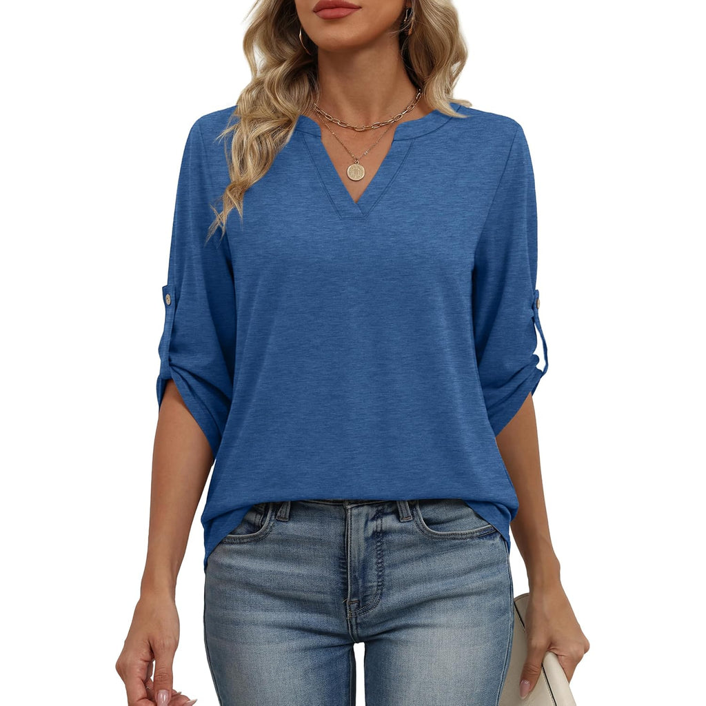 XIEERDUO 3/4 Length Sleeve Womens Tops V Neck T Shirts Both Side Buttons Blouses Business Casual Outfits Loose Fit
