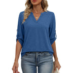 XIEERDUO 3/4 Length Sleeve Womens Tops V Neck T Shirts Both Side Buttons Blouses Business Casual Outfits Loose Fit
