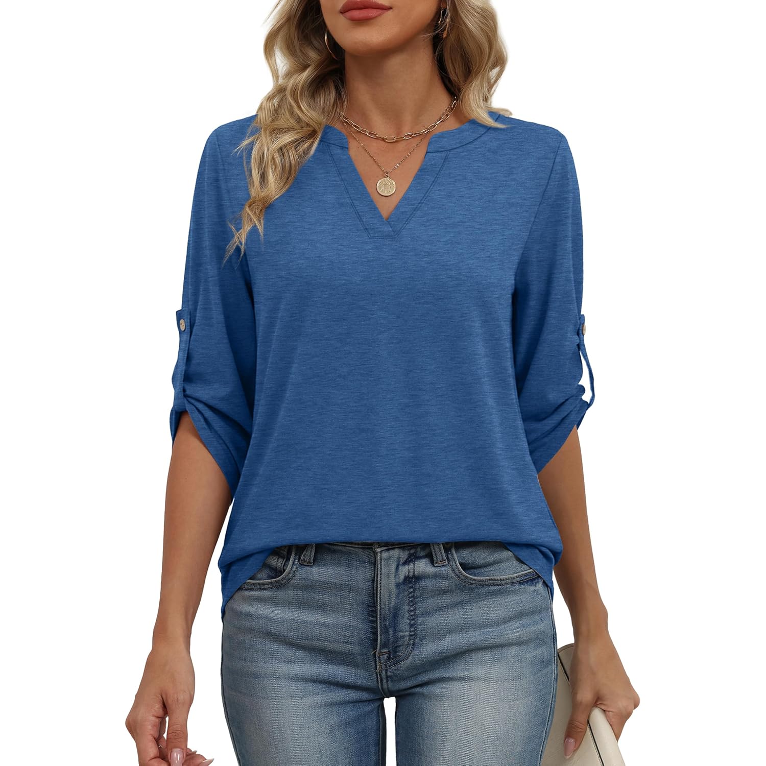 XIEERDUO 3/4 Length Sleeve Womens Tops V Neck T Shirts Both Side Buttons Blouses Business Casual Outfits Loose Fit