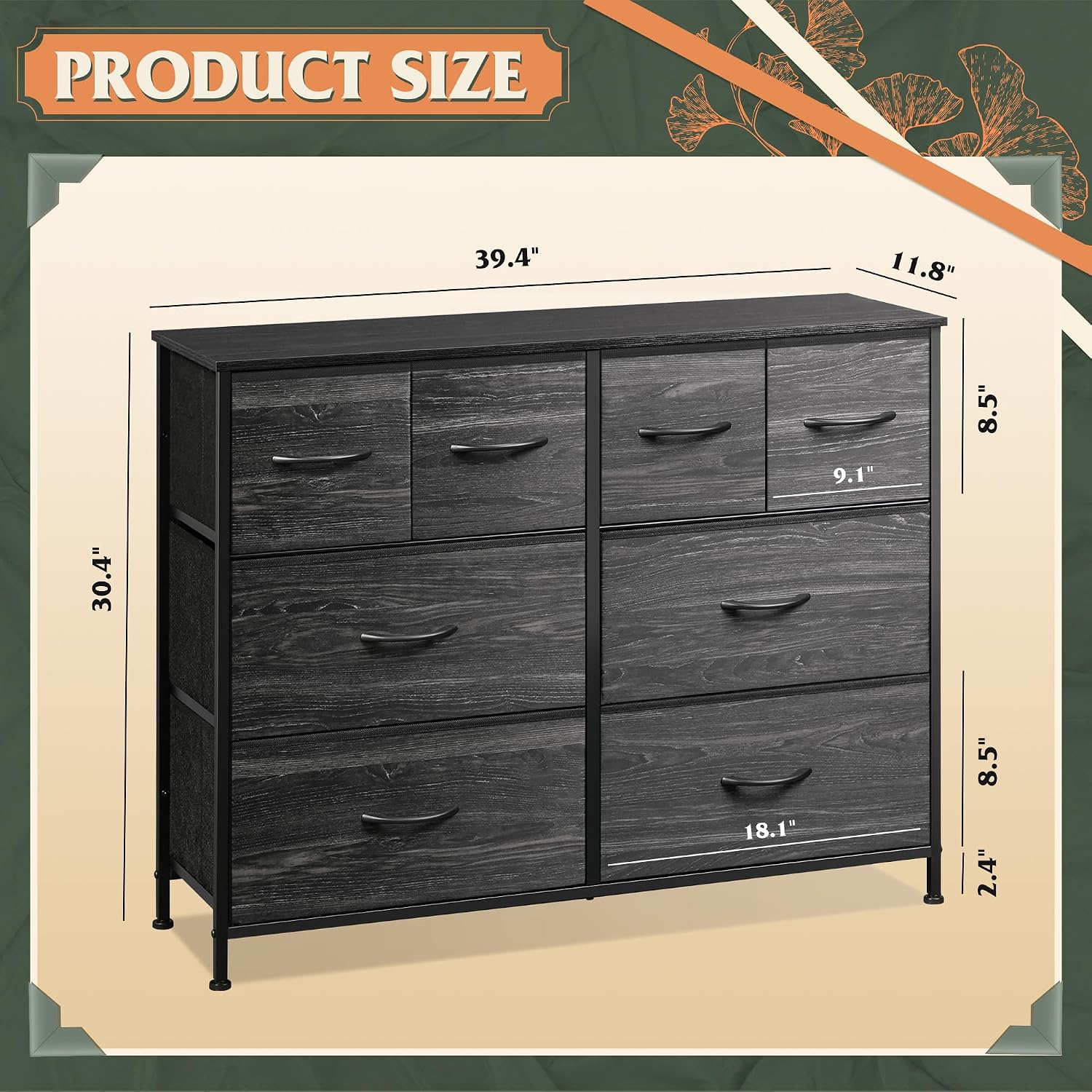 Wlive Dresser For Bedroom With 8 Drawers, Wide Fabric Dresser For Storage And Organization, Bedroom Dressers, Chest Of Drawers For Living Room, Closet, Hallway, Charcoal Black Wood Grain Print