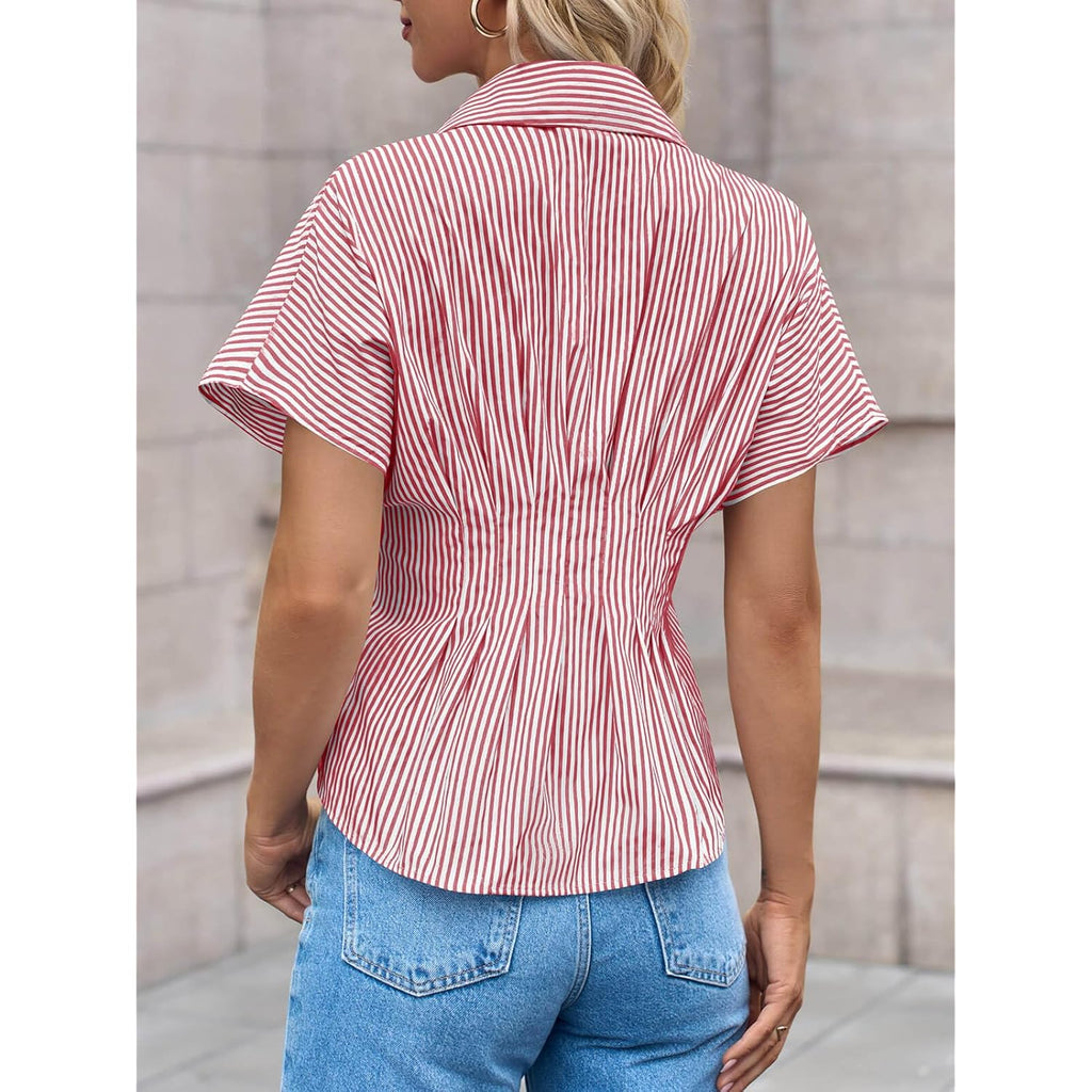 Womens Striped Peplum Button Down Shirts Short Sleeve Pleated Tops Summer Business Casual Blouses