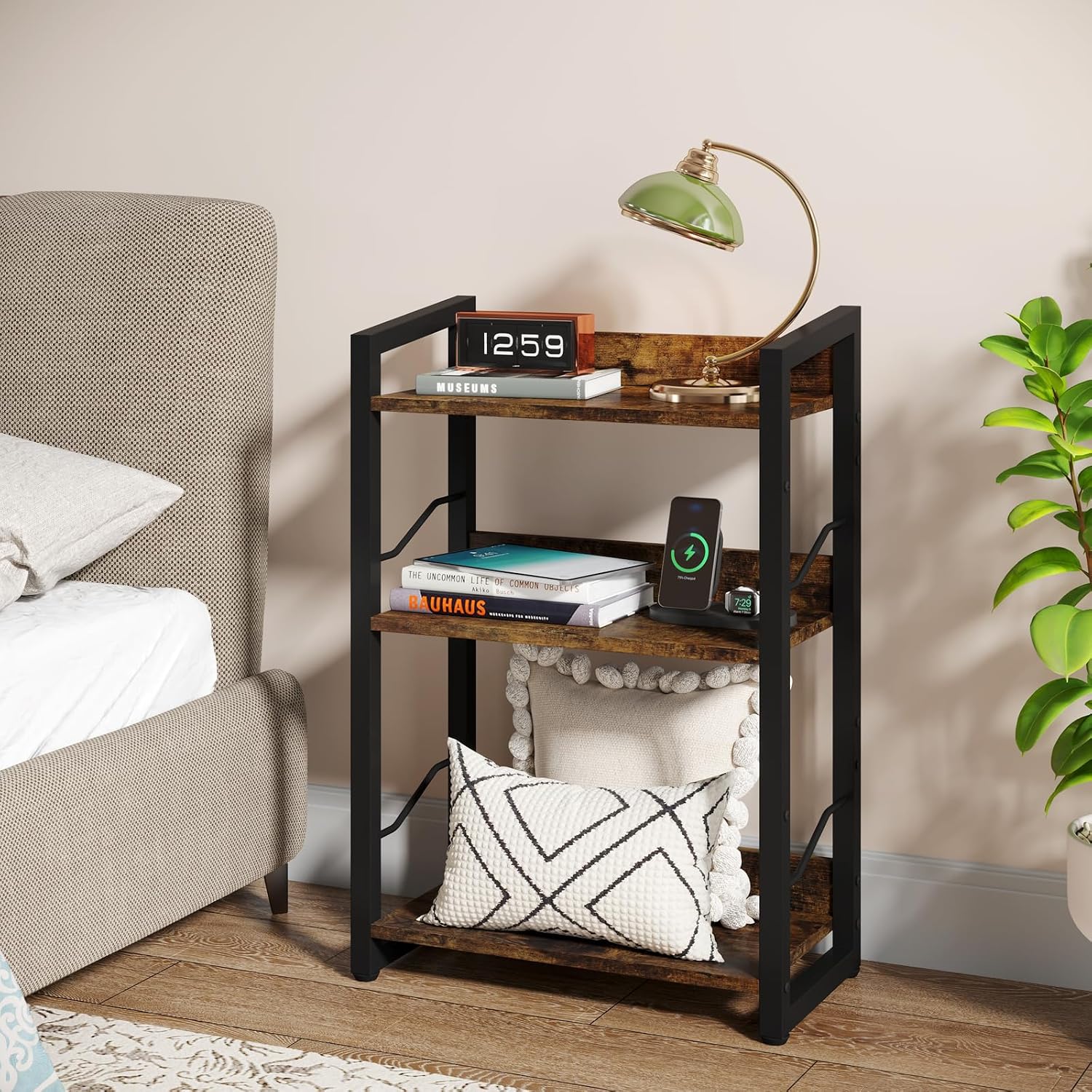 Book Shelf Small Bookshelf: 3-Tier Wood Bookcase Industrial Bookshelf With Edge Protection Metal Narrow Bookcase Storage Organizer Display Rack For Bedroom Home Office (Rustic Brown)