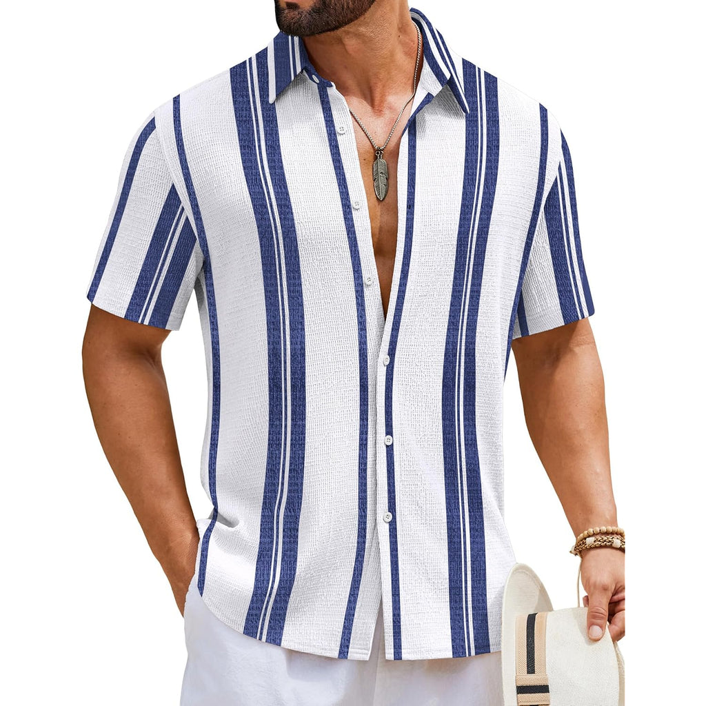 Coofandy Mens Short Sleeve Casual Shirts Button Down Striped Summer Shirts Textured Vacation Beach Shirt