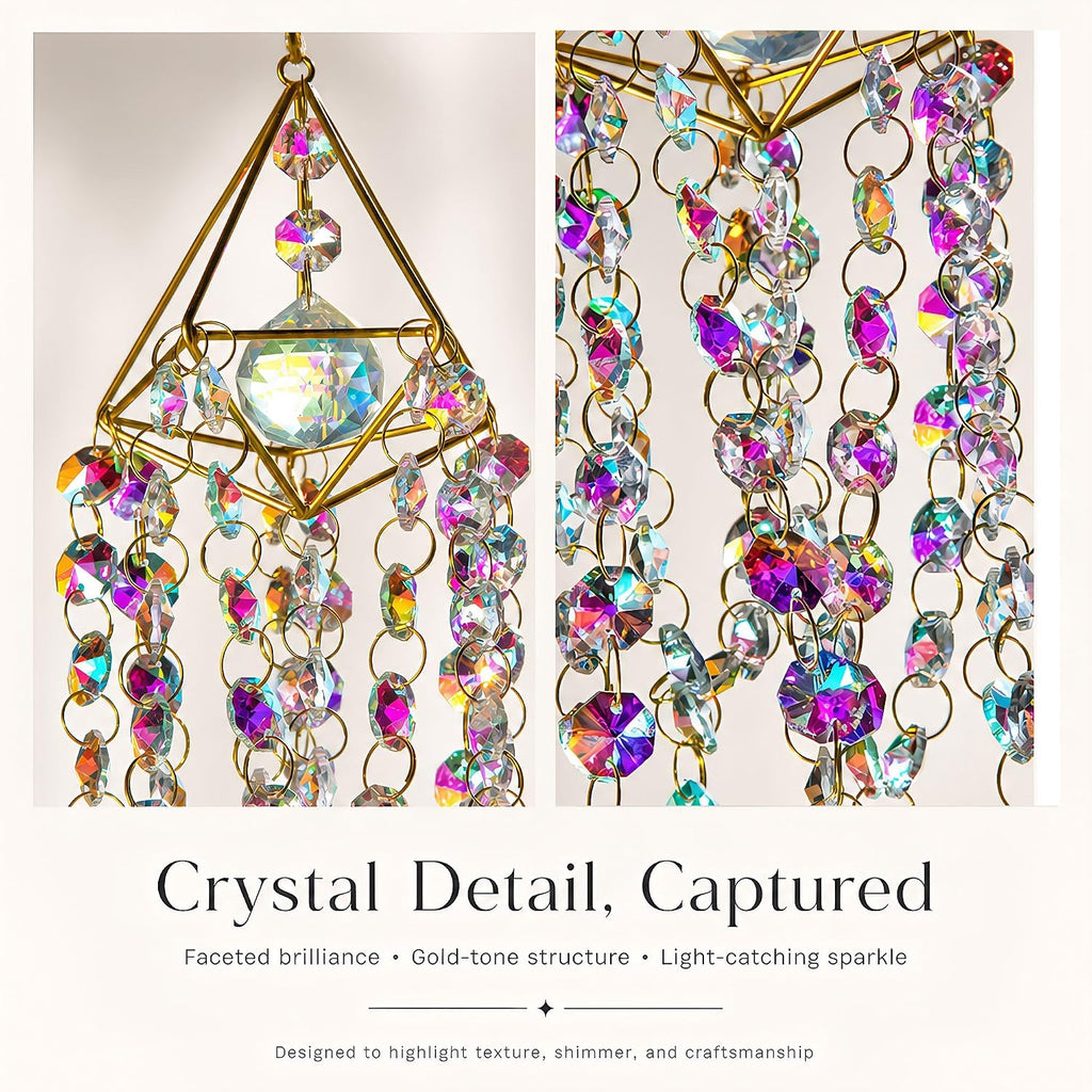 Crystal Suncatchers For Window Hanging Rainbow Maker Sun Catchers Indoor | Glass Wind Chime Garden Sun Catchers With Crystals Prisms,Whimsical Decor For Home,Handmade Gold Plated,With String & Hook