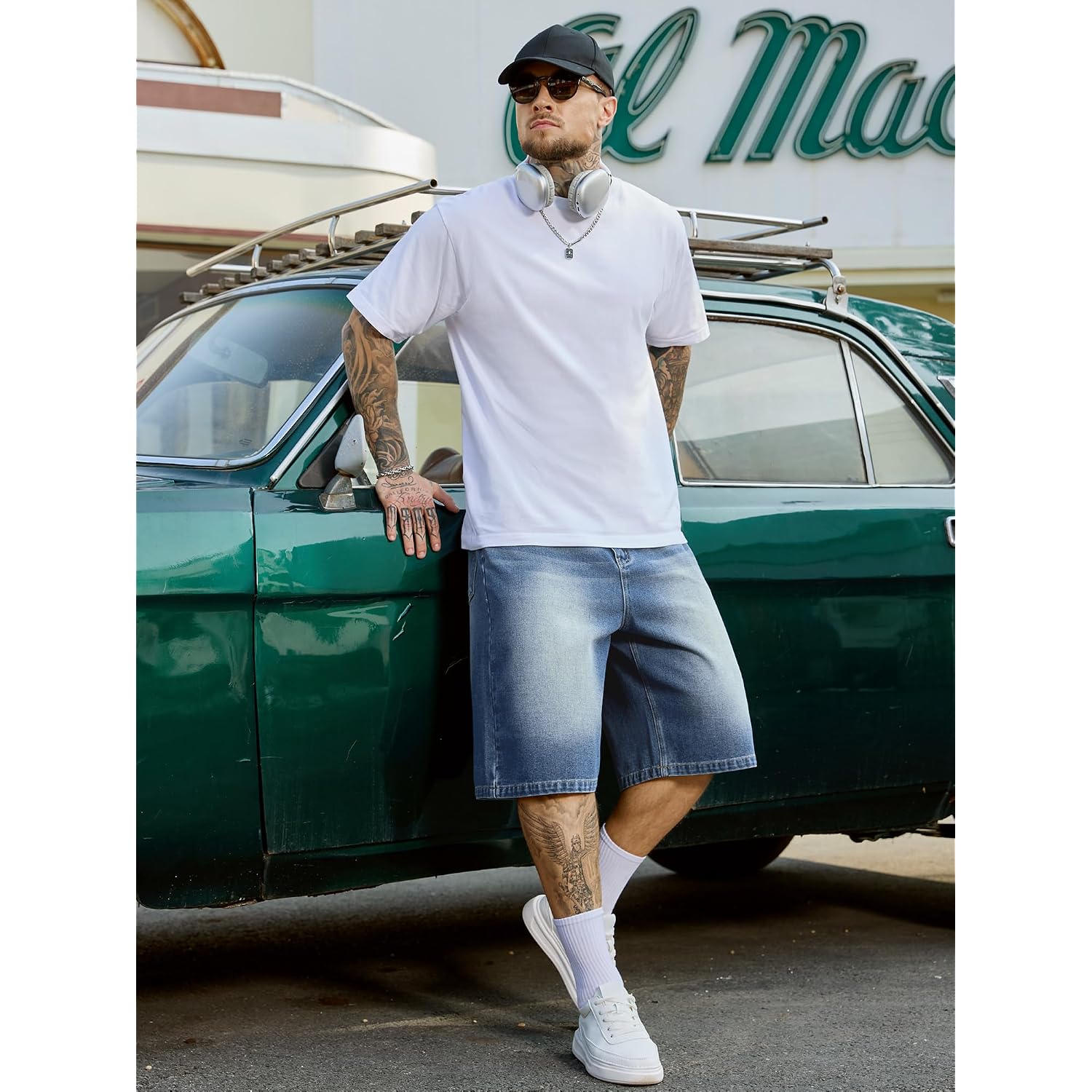 Plepan Mens Super Baggy Jean Shorts 12" Vintage Loose Fit Wide Leg Long Jorts Y2K Streetwear Below Knee Denim Shorts
