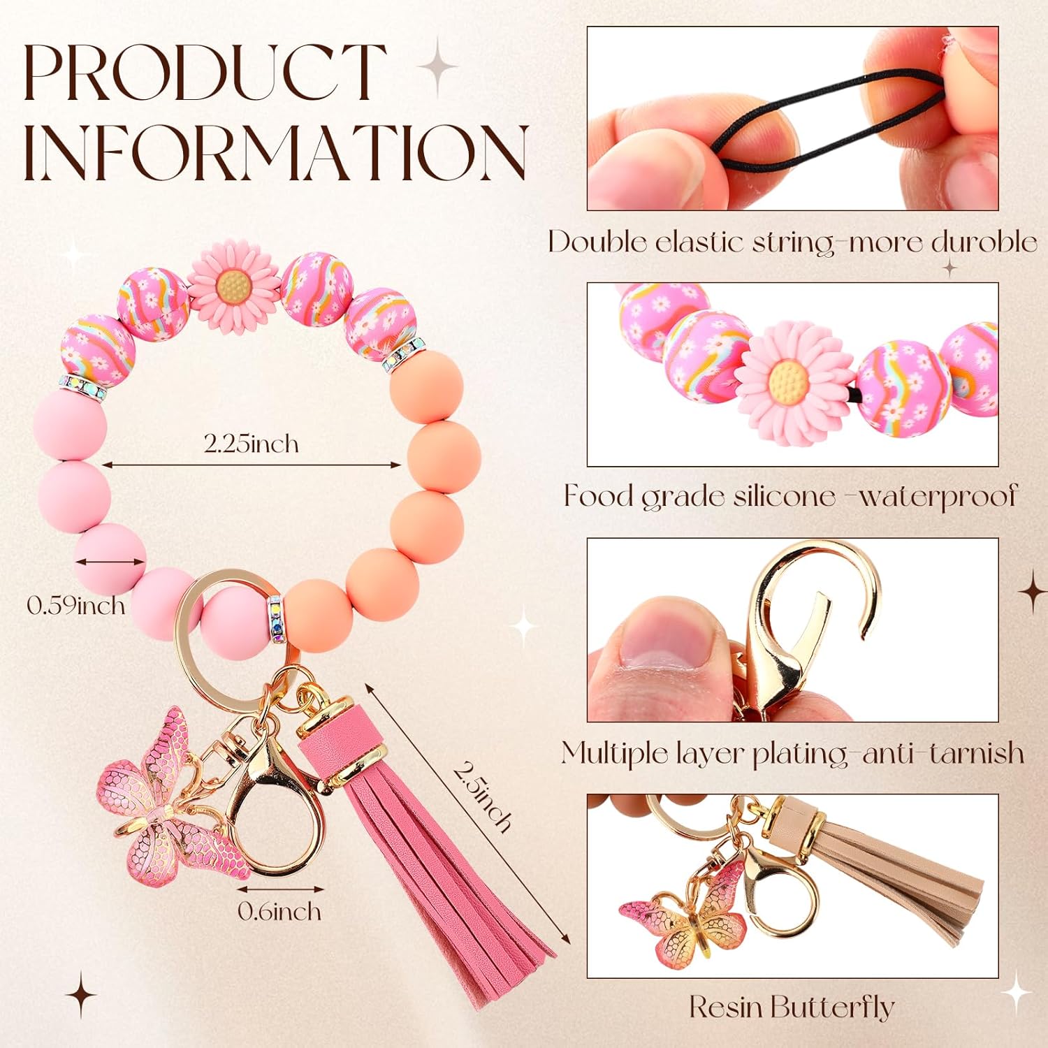 Cute Silicone Beaded Keychain，Key Chain Holder for Car Keys Women Girl，Daisy Silicone Key Wristlet Resin Butterfly