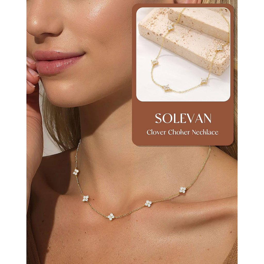 Dainty Clover Birthstone Gold Necklaces for Women Trendy Non Tarnish Layered 14K Gold Plated Station Choker Necklace Cute Flower Friendship Necklace Stack for Wedding Prom Brides Jewelry Gifts