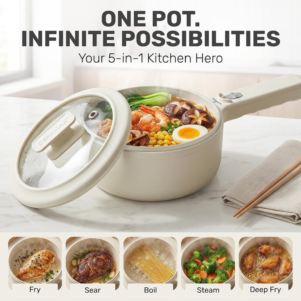 Ceramax Pro 1.5L Electric Hot Pot With Lid & Steamer | Adjustable Temp, Non Toxic Ceramic Cooker Skillet For Ramen, Eggs, Pasta For Dorms, Camping, Rv - New Improved 2026 Model