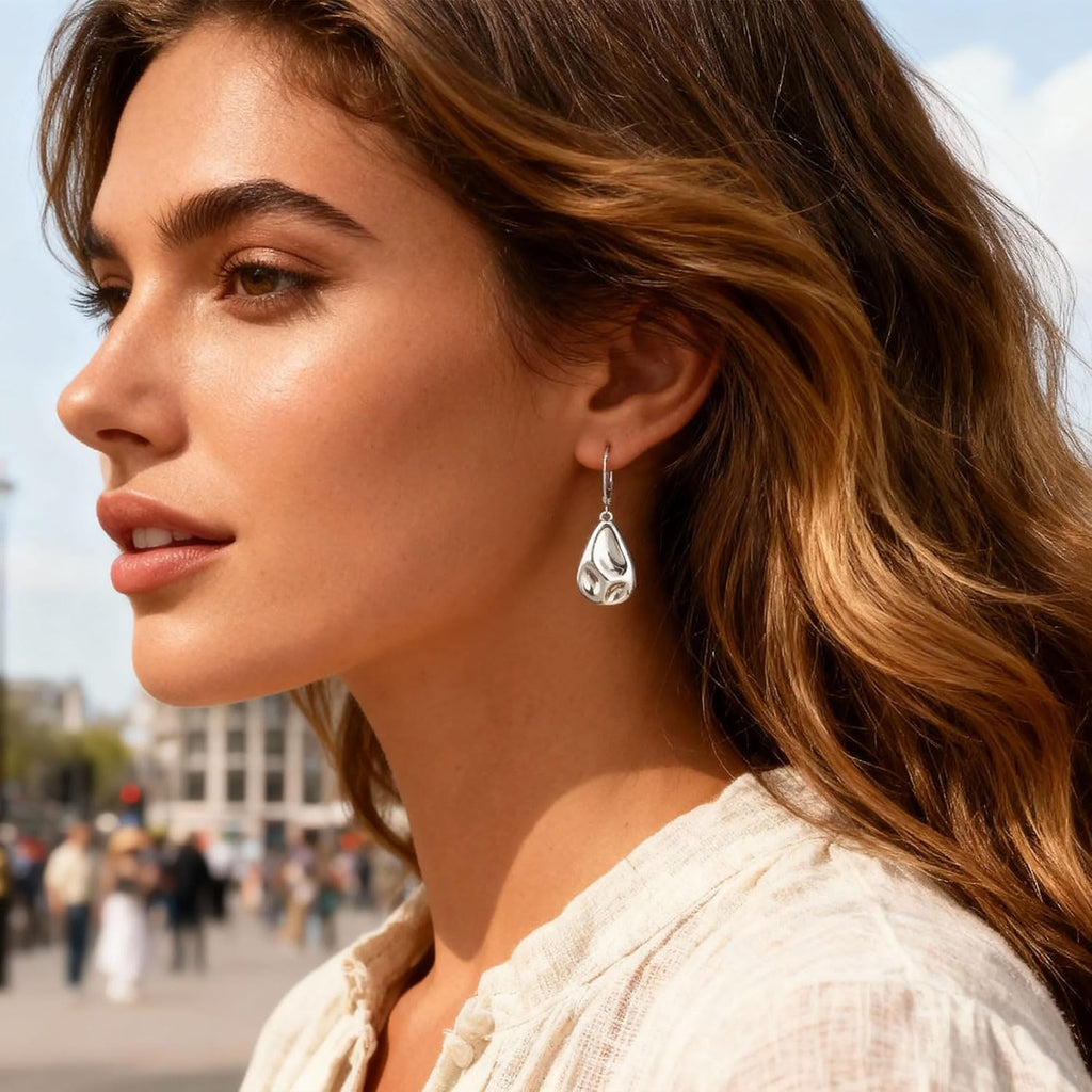 925 Sterling Silver Teardrop Dangle Earrings, Hypoallergenic 14k Gold Plated Hammered Waterdrop Earring for Women Trendy Statement Dangling Drop Leverback Earrings Gifts in Jewelry Box