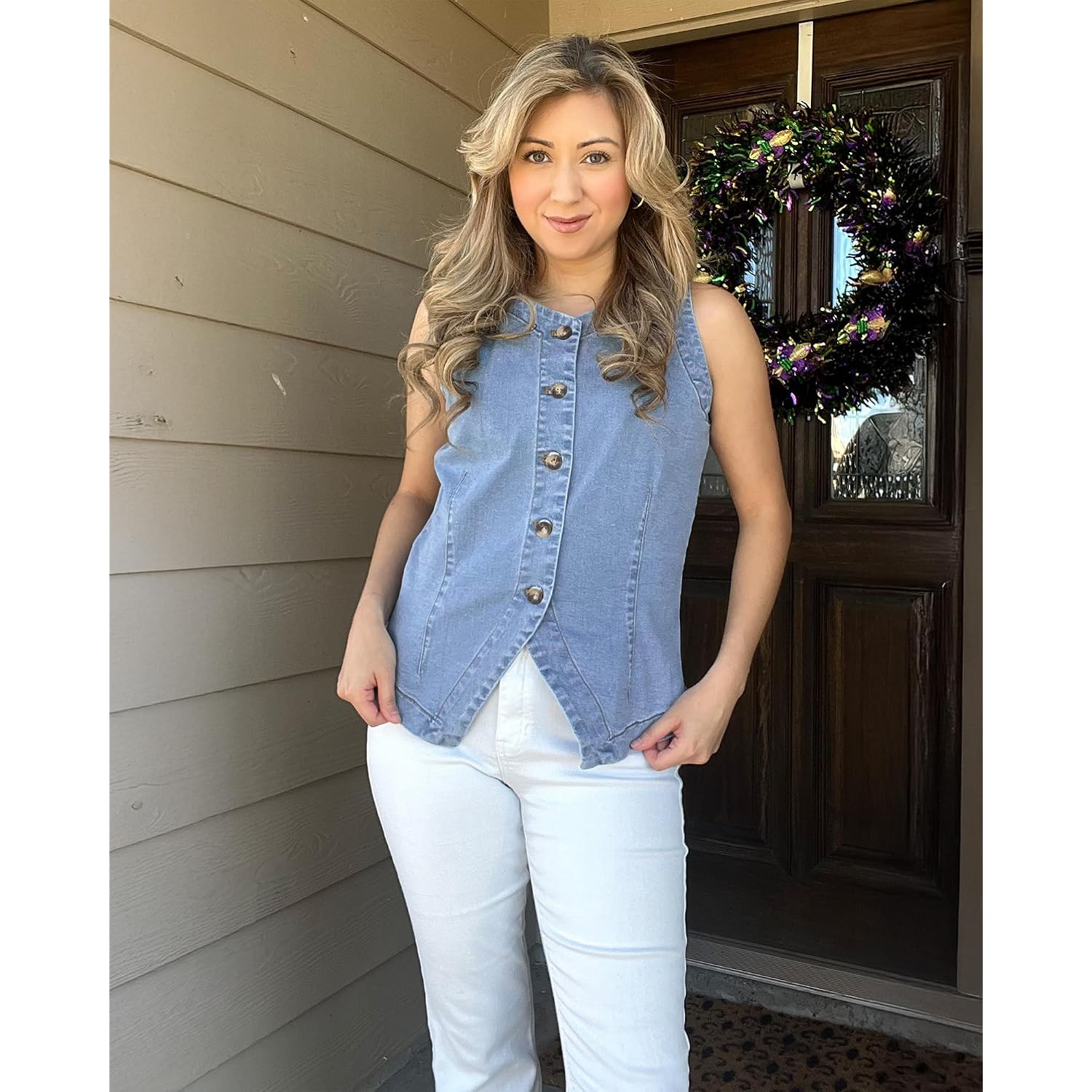 Luvamia Denim Vest For Women Sleeveless Strechy Jean Vest Top Button Down Crewneck Casual Summer Western Waistcoat