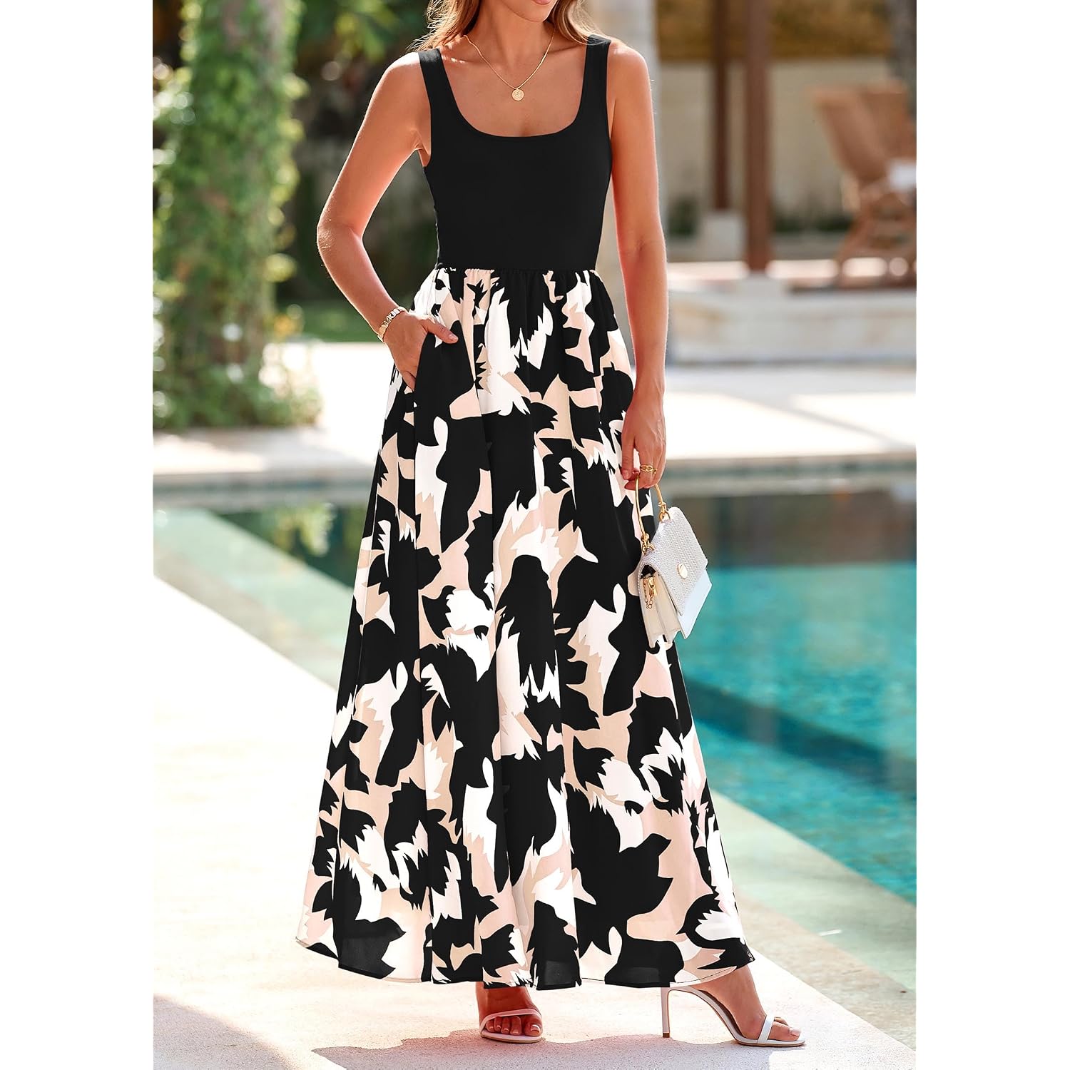 Kirundo Women Summer Maxi Dress Boho Long Sundress, Sleeveless Floral Flowy A Line Scoop Neck Tank,Beach Vacation Resort Wear