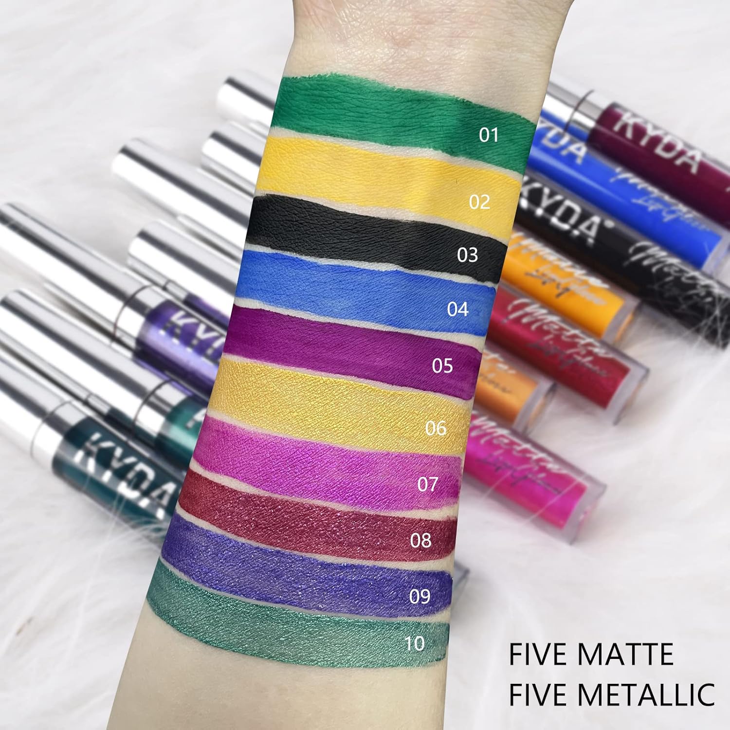 KYDA 10 Colors Matte Metallic Lip Gloss Set, Green Lipstick Metallic Lipstick Set, Non-Stick Cup Long Wear Lip Glaze, High Pigmented Lipstick Cosmetic Gift Kit for Glossy and Full Matte Lip Gloss