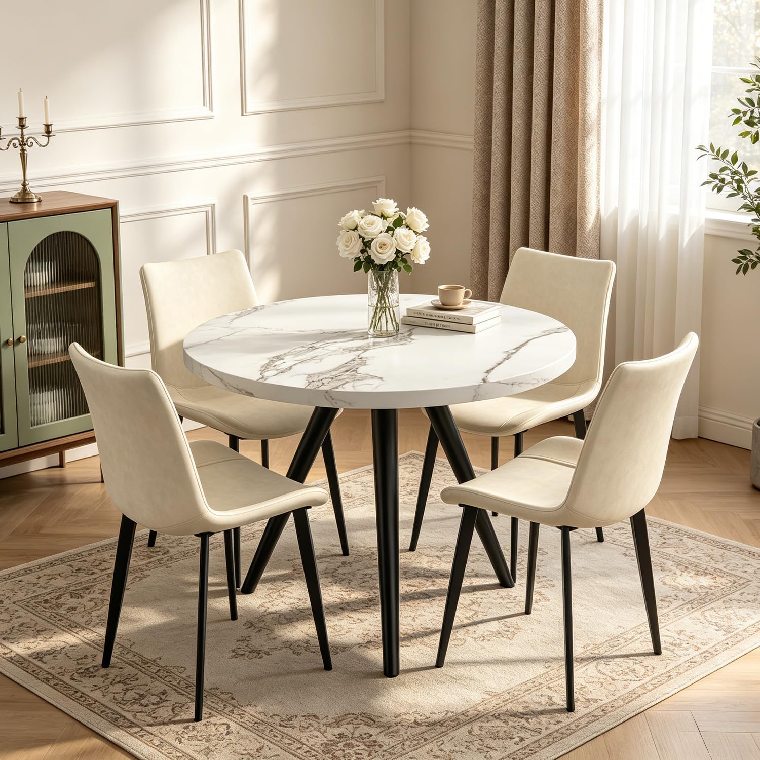34.6" Round Dining Table Set For 4, Modern Kitchen Coffee Table Set With 4 Upholstered Leather Chairs, Mdf Small Space Saving Dining Room Table And Chairs Set (White Table+4 Beige Chairs)