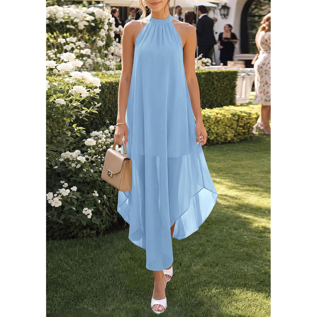 Prettygarden Summer Wedding Guest Dresses For Women 2026 Spring Long Flowy Halter Maxi Asymmetrical Beach Vacation Sundress