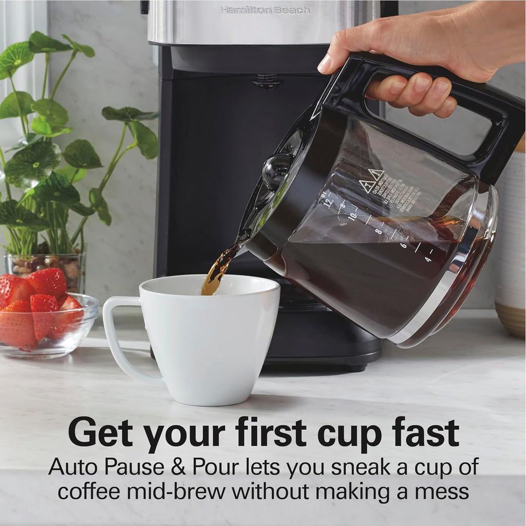 Hamilton Beach Frontfill 12 Cup Programmable Drip Coffee Maker | Regular & Bold Brew Options | Auto Pause And Pour | Glass Carafe | Black With Stainless Accents | 46310