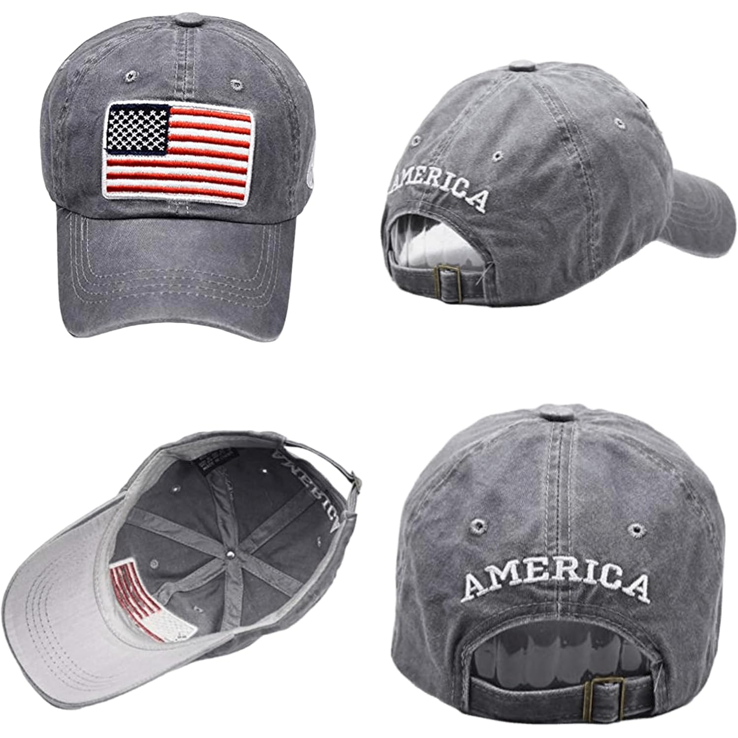 American-Flag-Embroidery-Baseball-Cap for Men Women Low Profile Adjustable Dad Hat Washed Vintage Patriotic Hat Grey