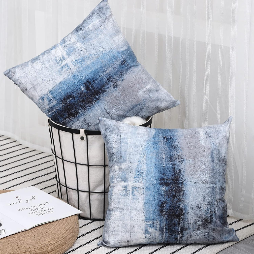Blue And Grey Abstract Art Artwork Pillow Cover, Gallery Modern Decorative Throw Pillows Cushion Cover For Bedroom Sofa Living Room 18 X 18 Inch Set Of 2