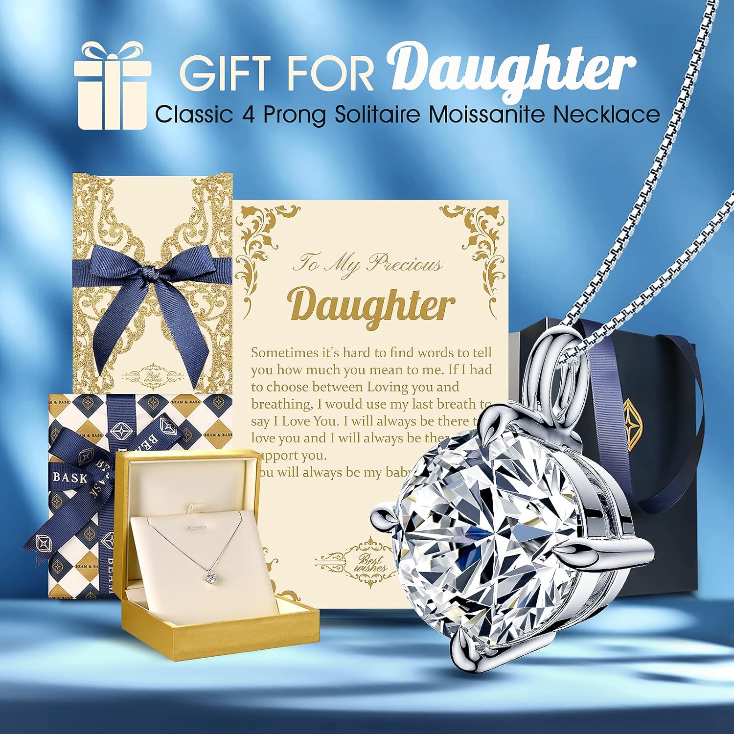 Beam & Bask Adult Daughter Necklace from Mom Dad, Birthday Wedding Graduation Pendant for Daughter from Mother Father, Silver Moissanite Jewelry for Her