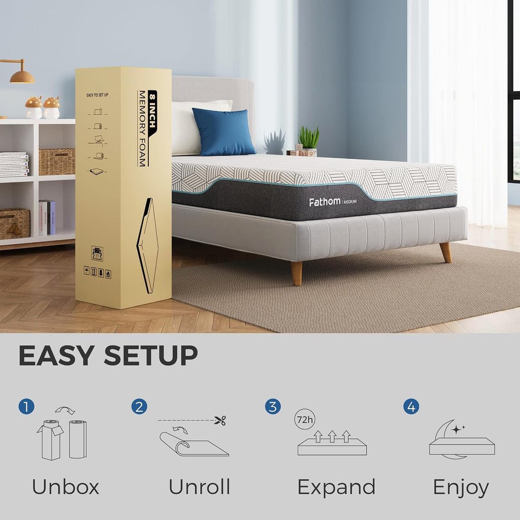 Fathom Medium Queen Mattress 12 Inch Memory Foam Mattress Queen Size Bed In A Box For Back Pain Relief And Cool Sleep With Gel Foam And Removeable Fiberglass Free Cover, Certipur-Us Certified