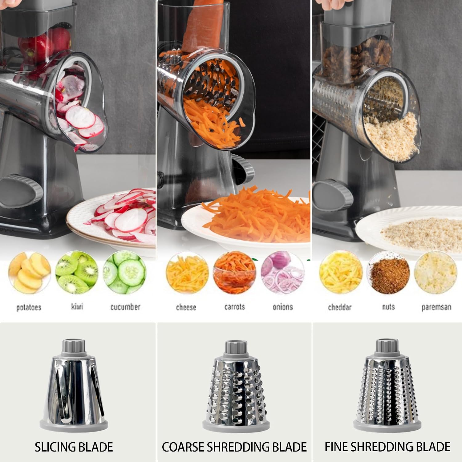 Cheese Grater Hand Crank Rotary Vegetables Shredder With Handle | 3-In-1 Graters, Interchangeable Blades, Non-Slip Base, Multifunctional Slicer