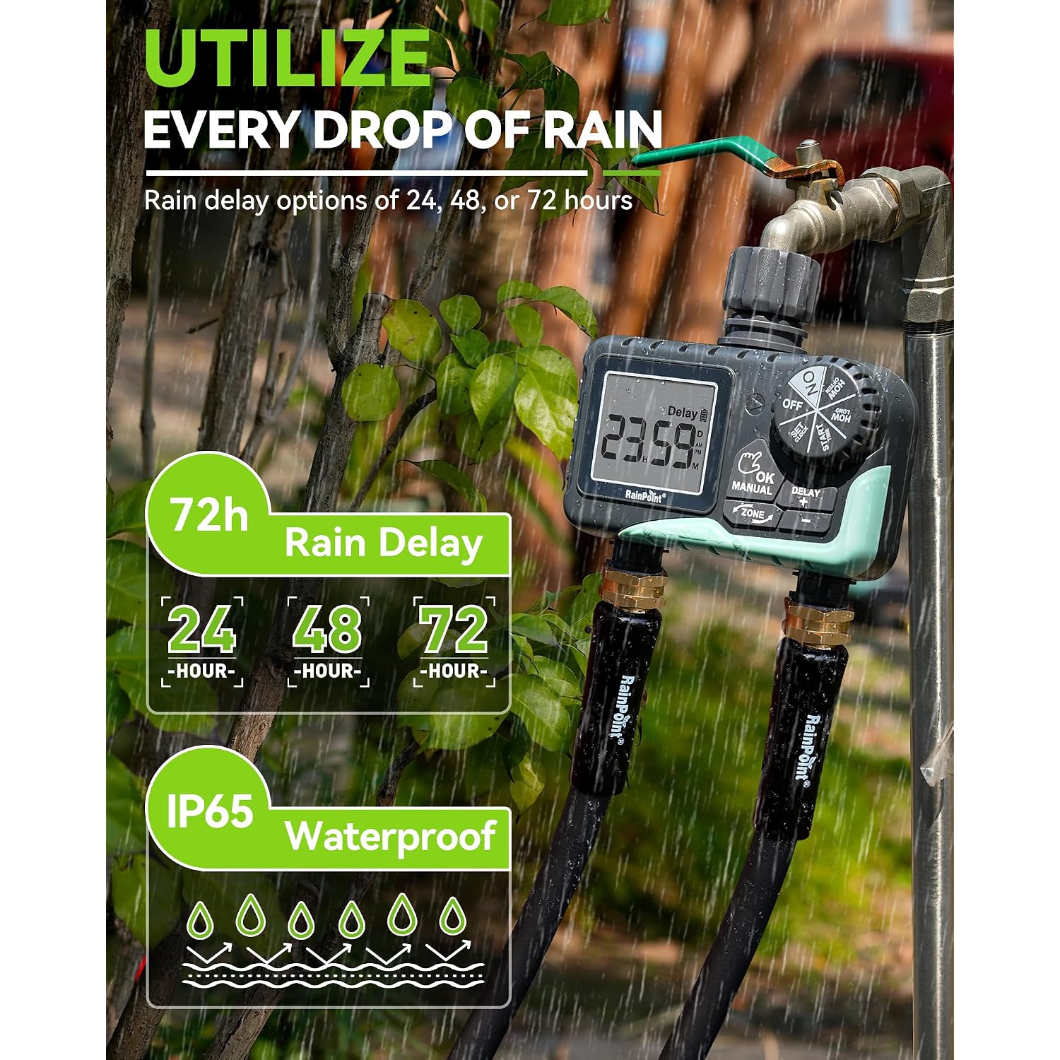 Rainpoint Water Timer For Garden Hose - 2 Zone Sprinkler Timer With Rain Delay/Manual Watering/Automatic Irrigation For Yard Lawn