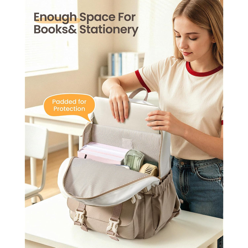 Lovevook School Backpack For Teen Girls, Bookbag For 8-16 Student, Middle High College Back To School Cute Kids Backpack, 15.6 Inch, Khaki-Beige