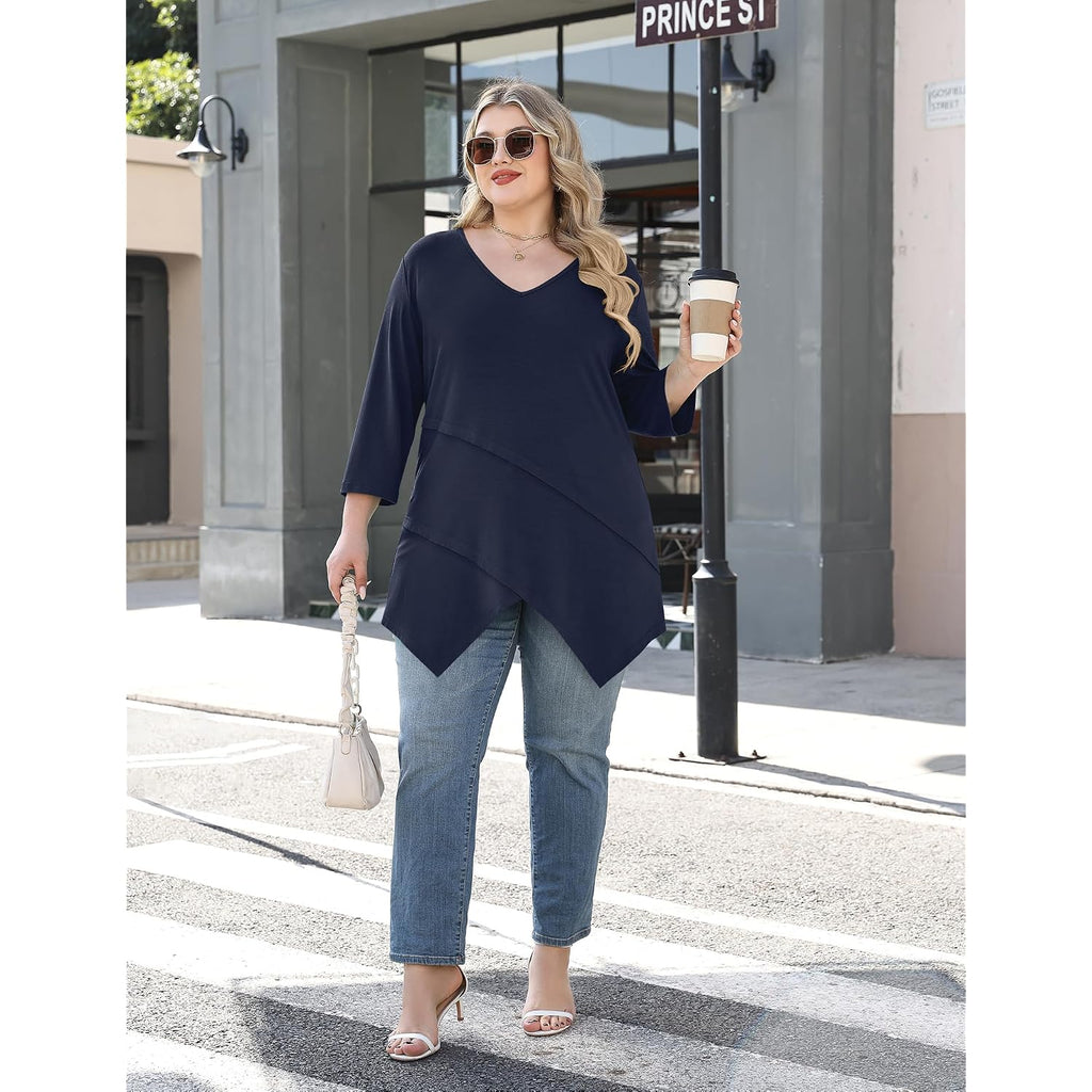 Plus Size Tops for Women 3/4 Sleeve Shirts V Neck T Shirt Spring Summer Blouses 1X-5X
