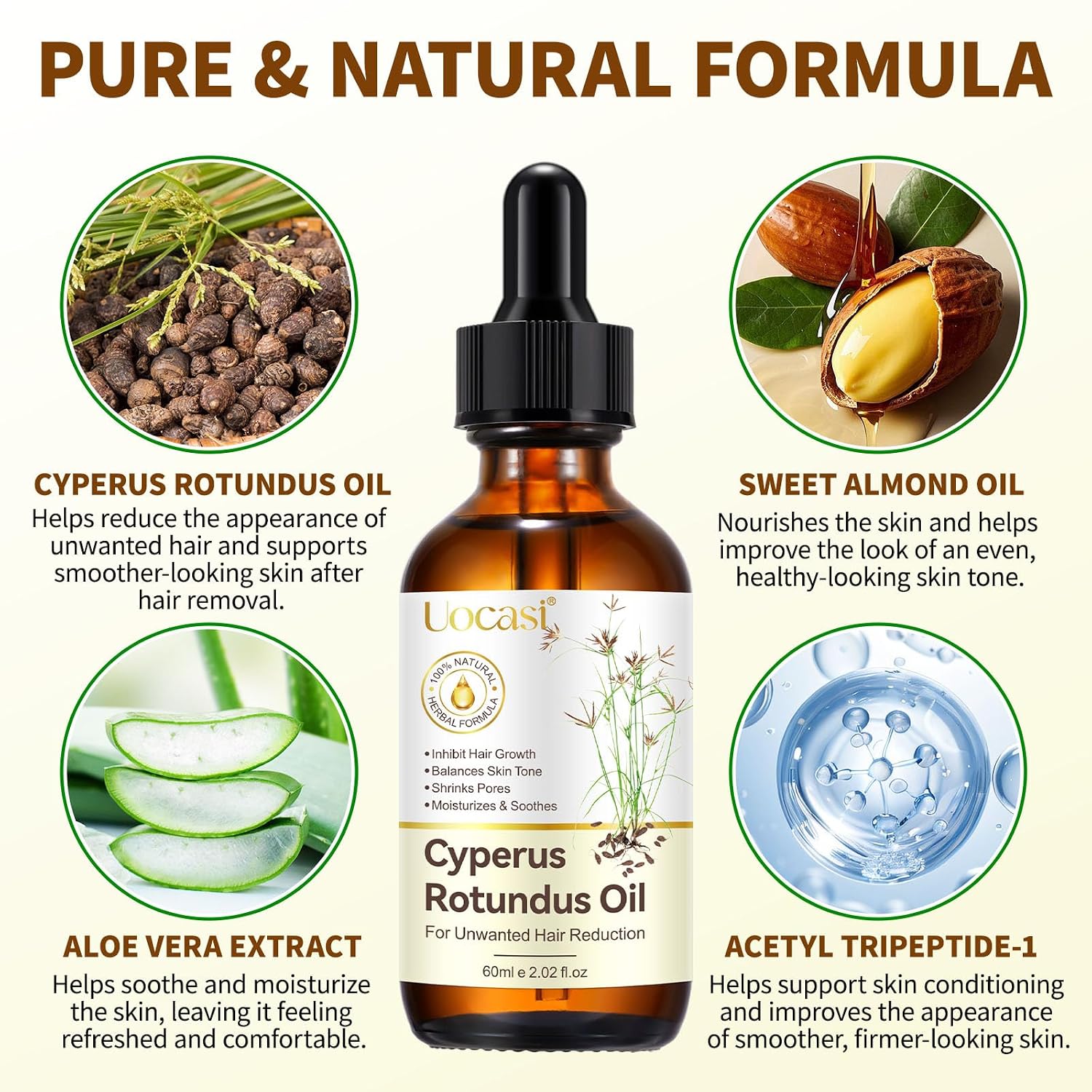 Uocasi Cyperus Rotundus Oil, Cypress Rotundus Oil For Hair Removal, Natural Inhibitor To Reduce Unwanted Hair Growth, Soothes Skin & Minimizes Pores, All Skin Types, 2.02 Oz