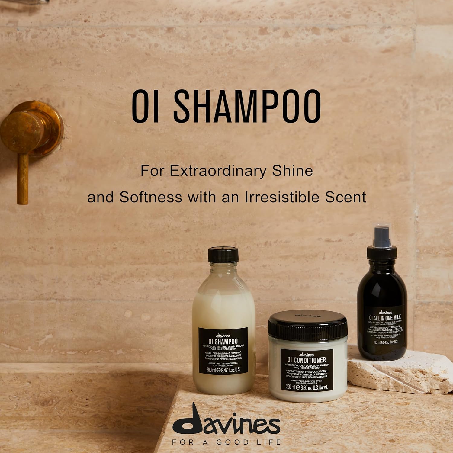 Davines OI Shampoo, Milky-Smooth Hydrating Cleanser for All Hair Types - Antioxidant-Rich Formula with Roucou Oil for Extraordinary Shine, Softness, Volume & Protection, Sulfate-Free
