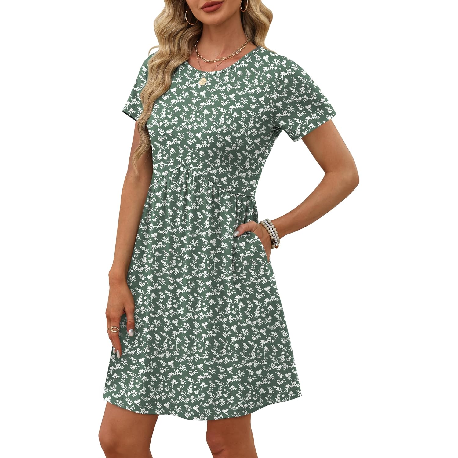 Ofeefan Spring Dresses For Women 2026 Short Sleeve Crew Neck Casual Dresses Empire Waist Maternity Dress With Pockets